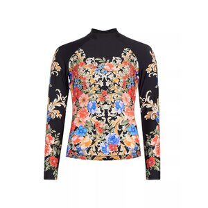 Johnny Was Womens Top Size XL Multicolor Royal Floral Cut Out Surf Rashguard